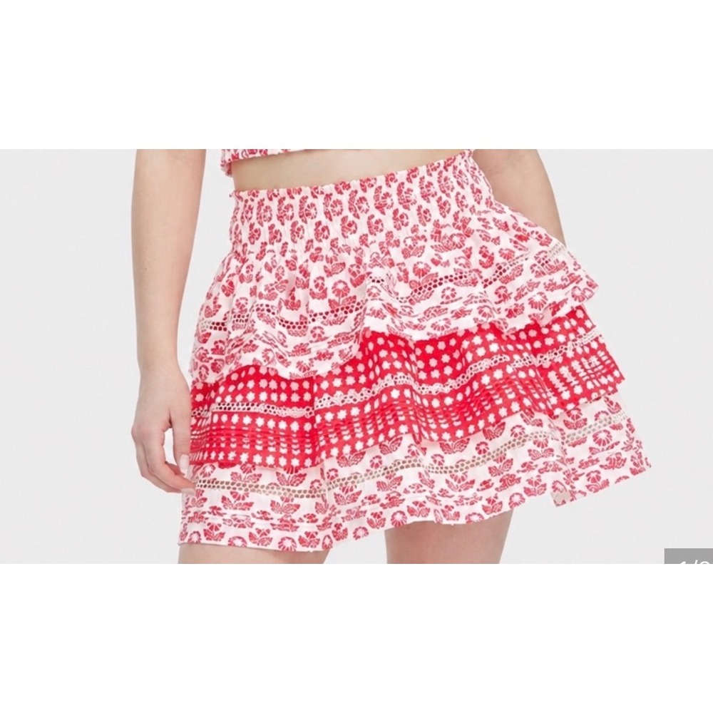 Roller Rabbit Skirt Women M Red New Tiered Ruffle Eyelet Floral‎ Boho Mini